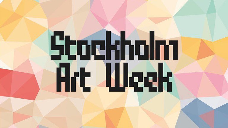 Logotype for Stockholm Art Week. Black text over a mosaic och bright colors.