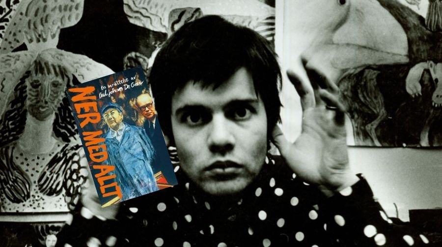 Carl Johan De Geer in a black-and-white portrait photo with a colorful book cover