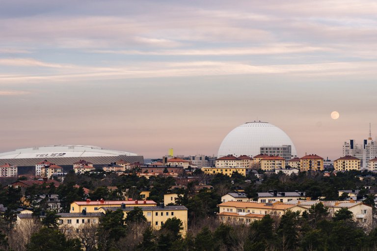 Photo from Hammarbybacken showing Avicii Arena and 3Arena.