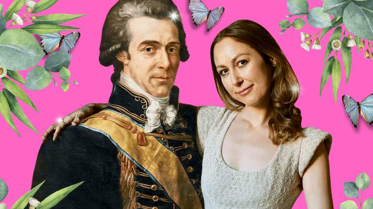 Axel von Fersen and a smiling woman on the pink background with flowers and butterflies.