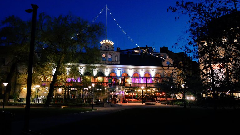 Nightclubs in Stockholm. Berns Salonger, night. Exterior.