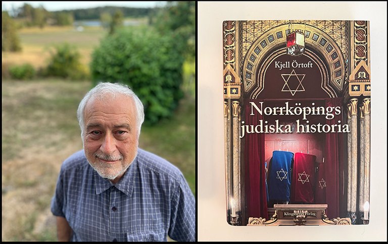 The image shows an elderly man outdoors on the left and the book cover of 'Norrköpings judiska historia' by Kjell Ortoft on the right.