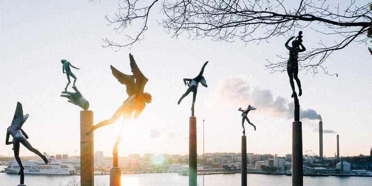 Winter in Stockholm. The sun is setting over the sculpture park at Millesgården Art museum. Several of the Swedish sculptor Carl Milles’ statues can be seen in the foreground. Millesgården is one of several artmuseums in Stockholm, where contemporary art meets timeless classics.