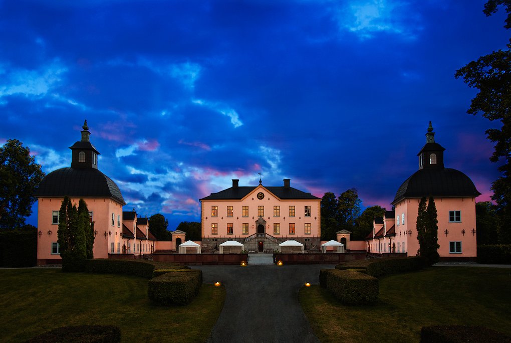 A castle at dusk.