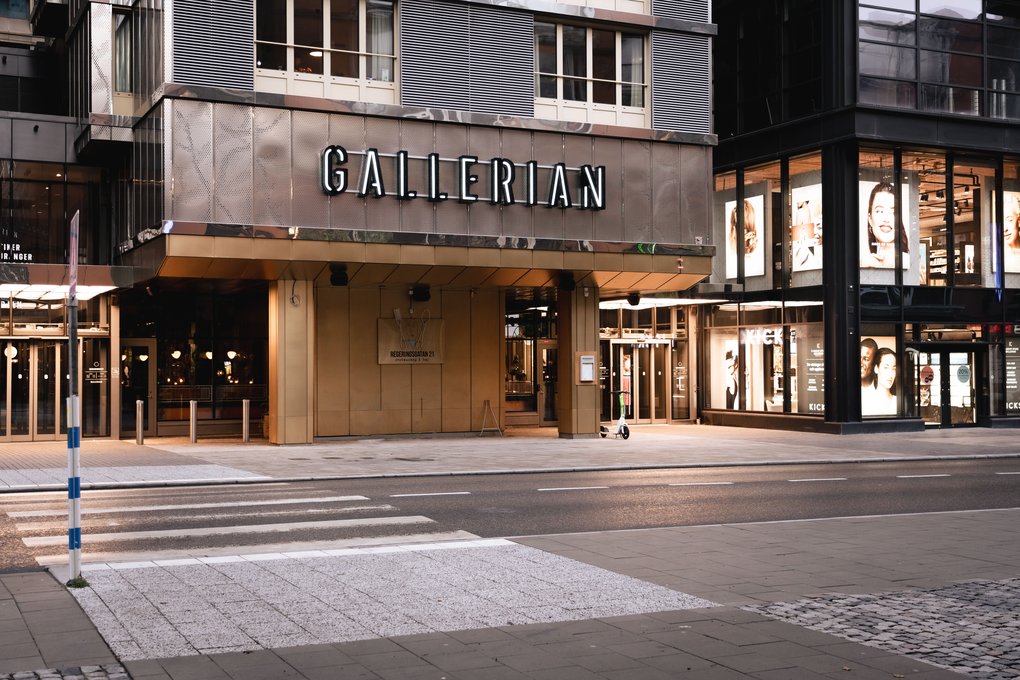 Shopping in Stockholm. The entrance to Gallerian, a shopping mall in central Stockholm.