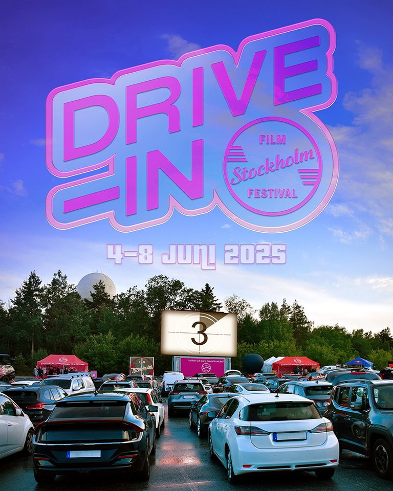 Cars parked at a drive-in cinema.