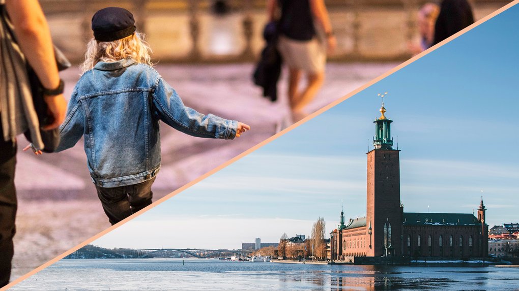 A child in a denim jacket with Stockholm City Hall in the background during an Easter family tour