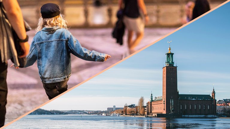 A child in a denim jacket with Stockholm City Hall in the background during an Easter family tour