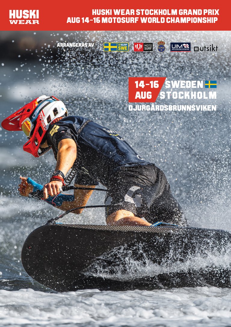 A MotoSurf rider racing at high speed on the water during the MotoSurf World Championship in Stockholm