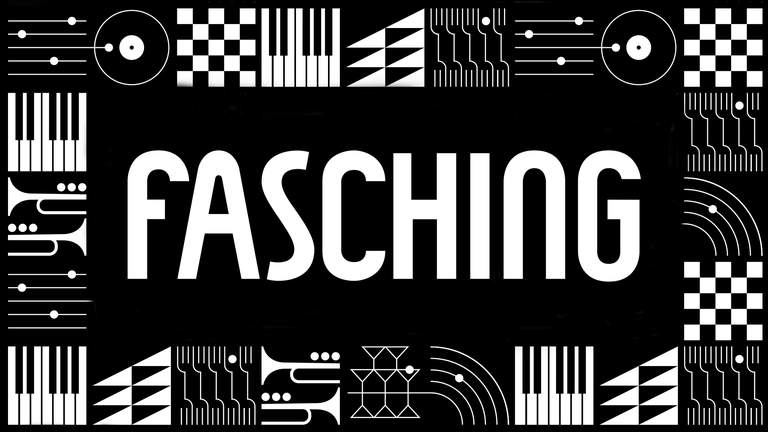 The name of the venue Fasching with pictures of diverse objects in the background.