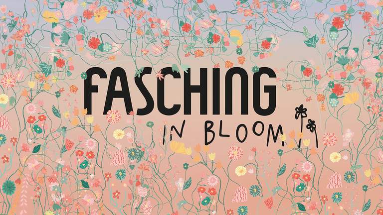 "Fasching In Bloom", a black text on a pink and green background with flowers.
