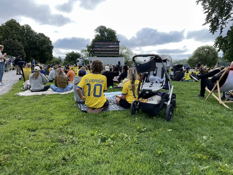 People watching a big screen on a lawn.