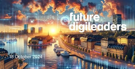 A stylized graphic reading “future digileaders” over a cityscape, with digital network motifs