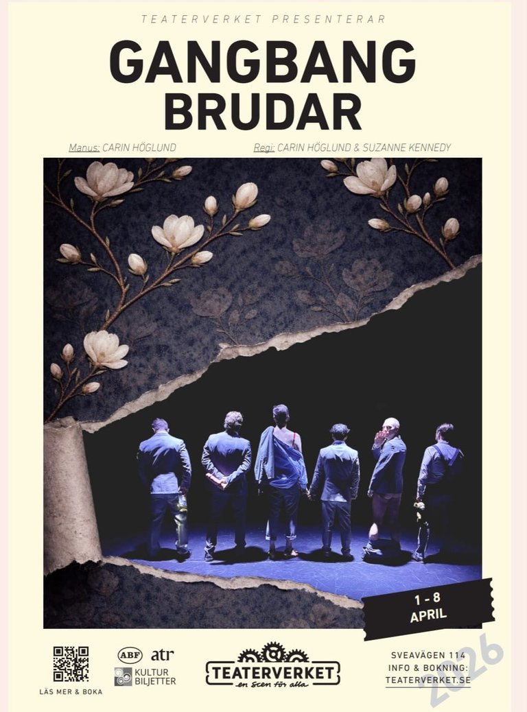 Six men standing with their backs to the audience on a theater stage, theater poster for Gangbangbrudar at Teaterverket