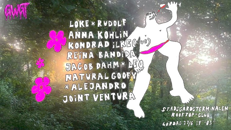 The information about the event. Drawing depicting a person and flowers. Photo of forest in the background.