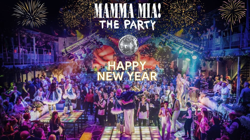The image shows a festive New Year's Eve scene with many people dancing and celebrating. It includes the text 'Mamma Mia! The Party Happy New Year' and sparkling effects like fireworks.