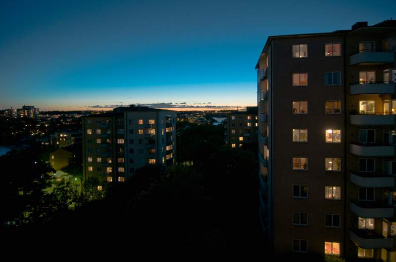 Apartment buildings at night