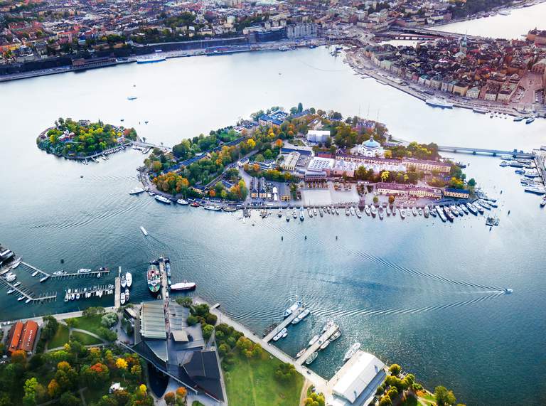 Scenic views of Stockholm. An aerial shot of the island of Skeppsholmen, fall.