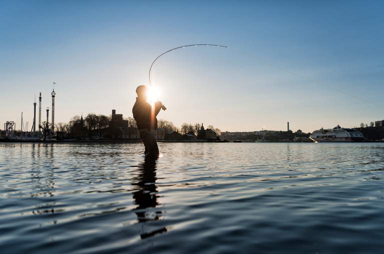 Activities in Stockholm. The siluette of a man, fishing in the waters near Djurgården. Gröna Lund can be seen in the background.