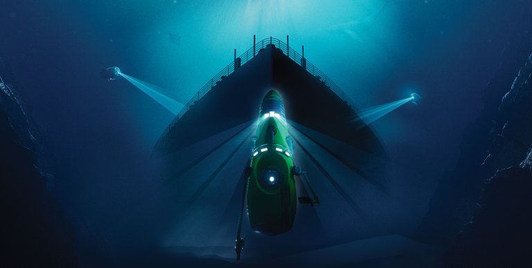 A green underwater submersible is seen in the foreground, lit by lamps in dark blue water. In the background, the bow of a large ship rises in the deep.