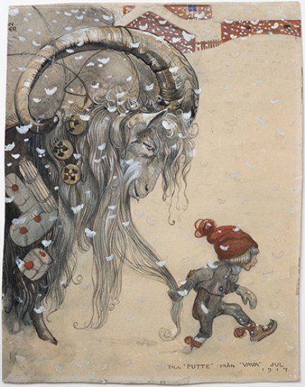 drawing of a gnome-like creature with a red hat leading a ram by its beard in the snow