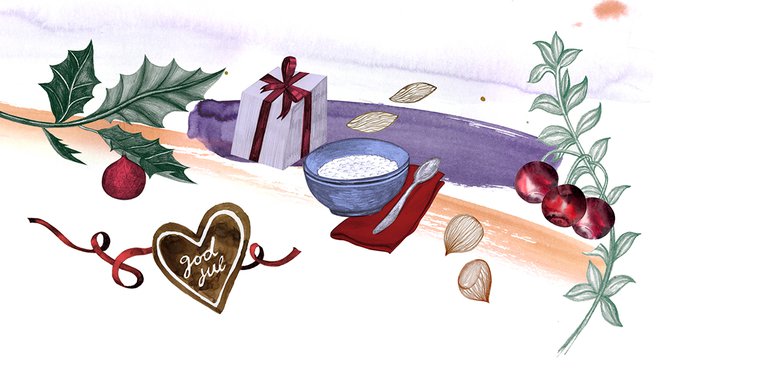 Drawing depicting a bowl, spoon, Christmas present and Christmas decorations.