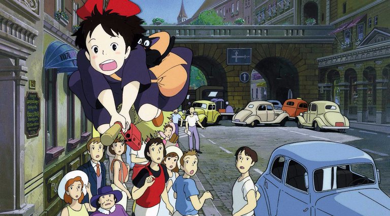 Stockholm på film. En scen ur Studio Ghiblis animerade långfilm Kikis Expressbud. Den unga häxan Kiki flyger på sin kvast över gatorna i Kariko och förvånade människor tittar upp mot henne.