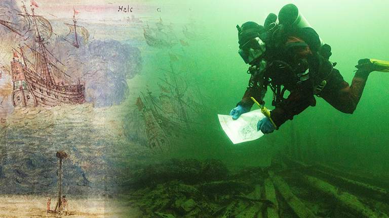 A diver underwater and the drawings of the sail ships.