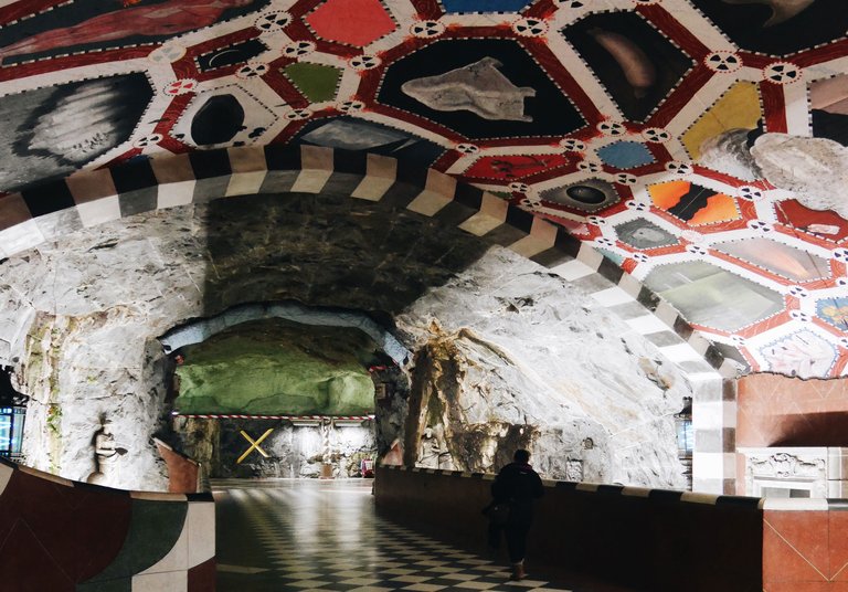 Kungsträdgården's subway station. Painted walls in bright colors.