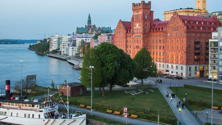 Hotels in Stockholm. Elite Hotel Marina Tower, exterior. Pictured is the hotel, located in a former factory and mill.