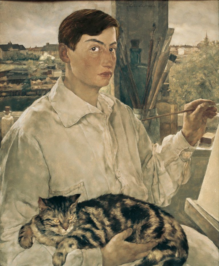 A painting depicting Lotte Laserstein with a cat.