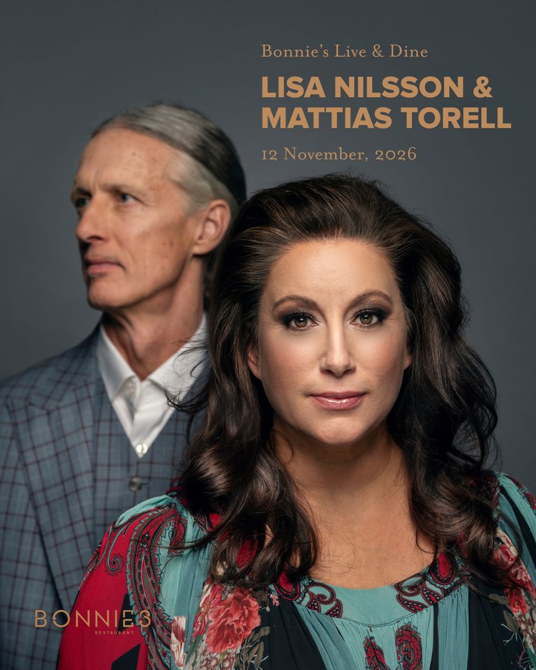 Portrait of a man and a woman standing next to each other. The text advertises a live performance by Lisa Nilsson and Mattias Torell at Bonnie’s on 12 November 2026.