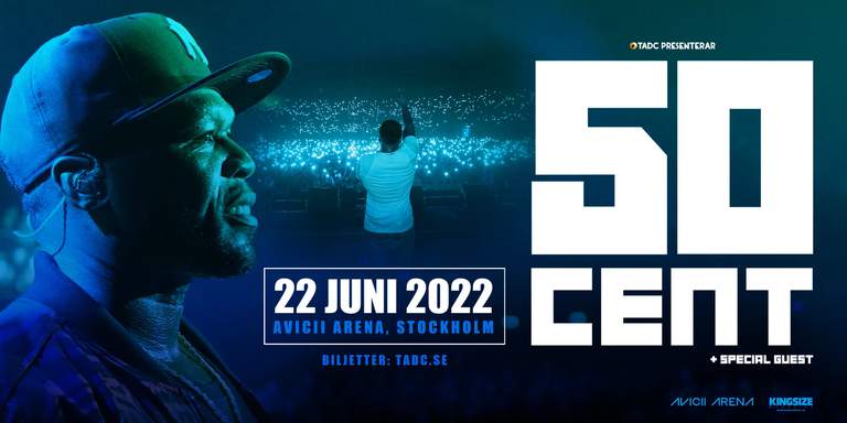 The photo of the rapper 50 Cent and the information about the event.