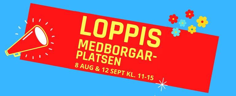 Poster with Loppis Medborgarplatsen, on a blue background with date and time.