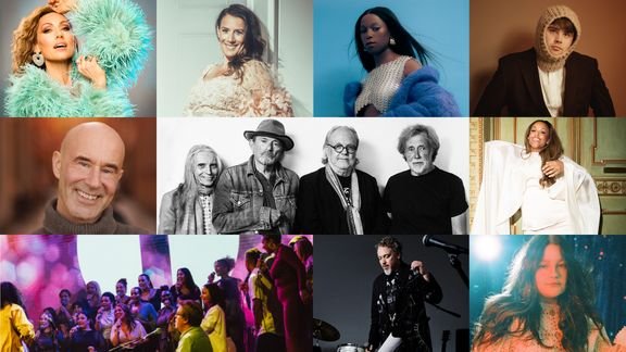 Montage of portraits of the numerous artists performing at the concert