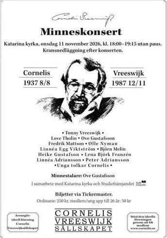 The poster advertises a memorial concert in honor of Cornelis Vreeswijk at Katarina kyrka on November 11, 2026. It lists participating artists and speakers along with ticket prices.