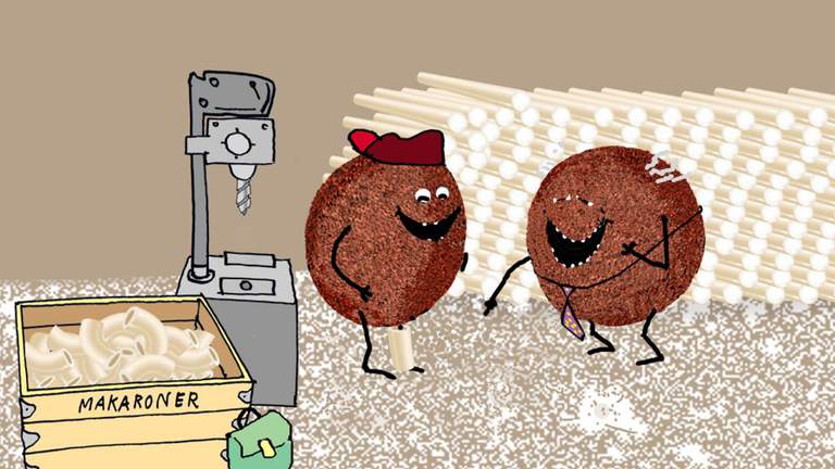 A drawing of two meatballs that talk to each other.