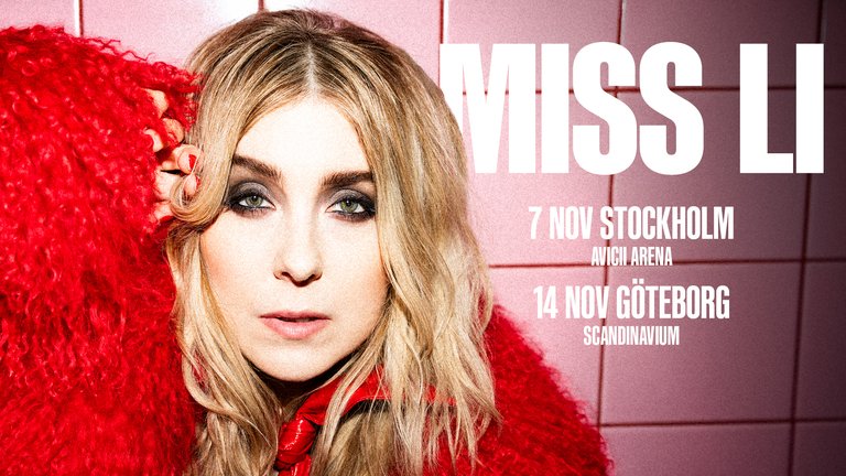 Miss Li in red against pink, tour dates.
