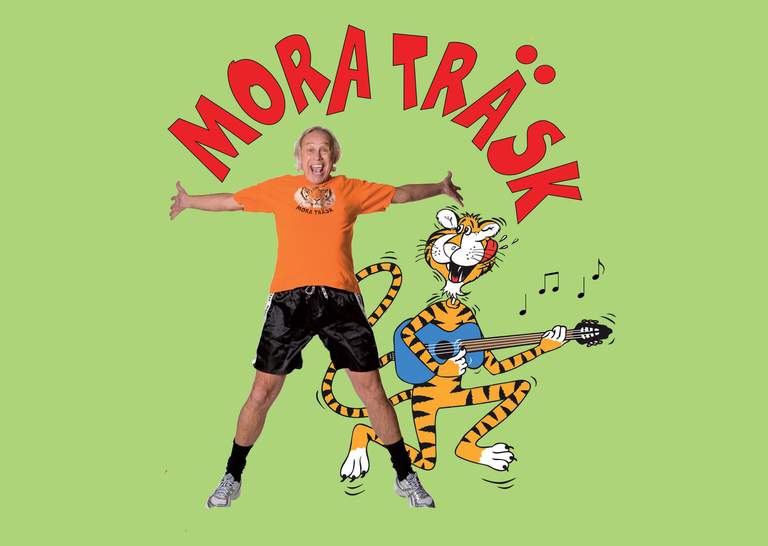 A laughing person and a cartoon tiger playing the guitar.
