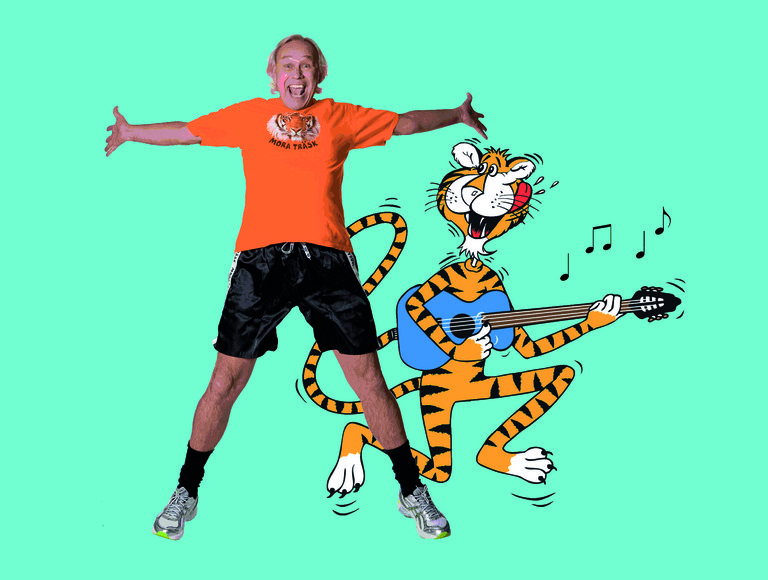 A laughing person and a cartoon tiger playing the guitar.