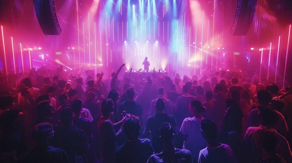 A crowd dancing in front of a stage in a nightclub.