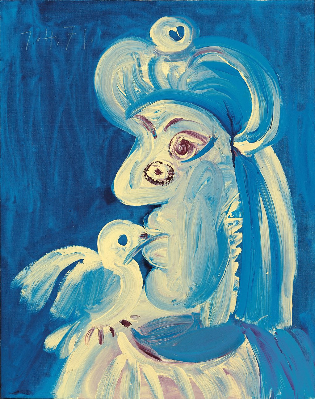 Stylized blue portrait of a woman in profile kissing a white dove, painted by Pablo Picasso.