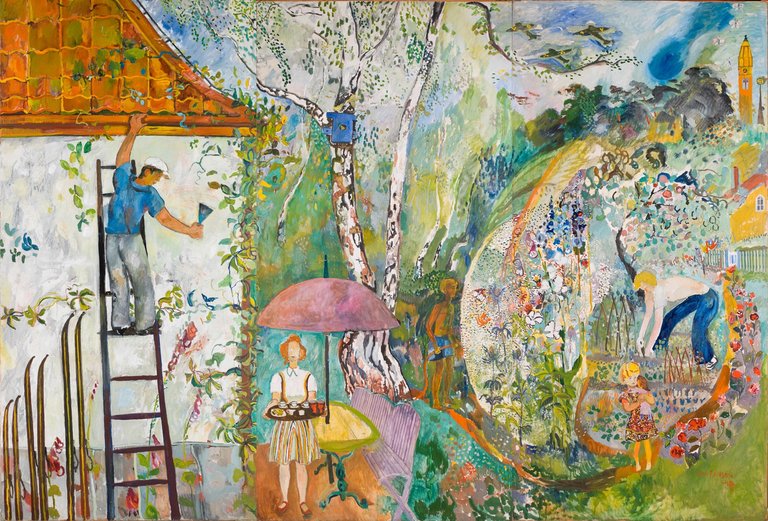 A painting depicting people in a garden.