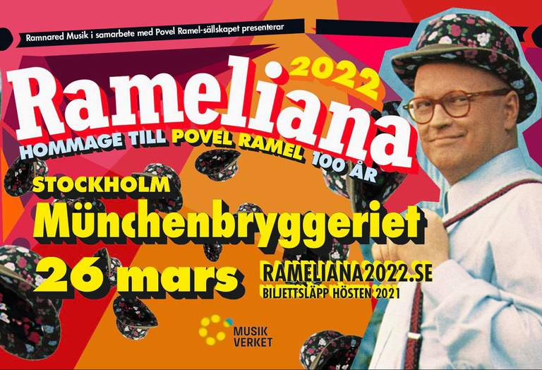 A colourful poster with information about the event and the picture of Povel Ramel.