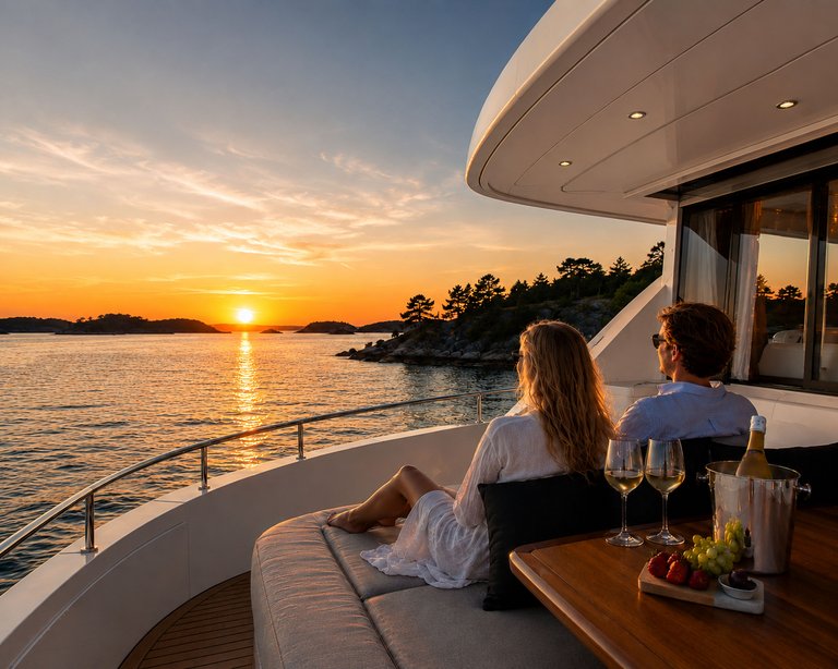 Couple with wine on yacht deck, sunset.