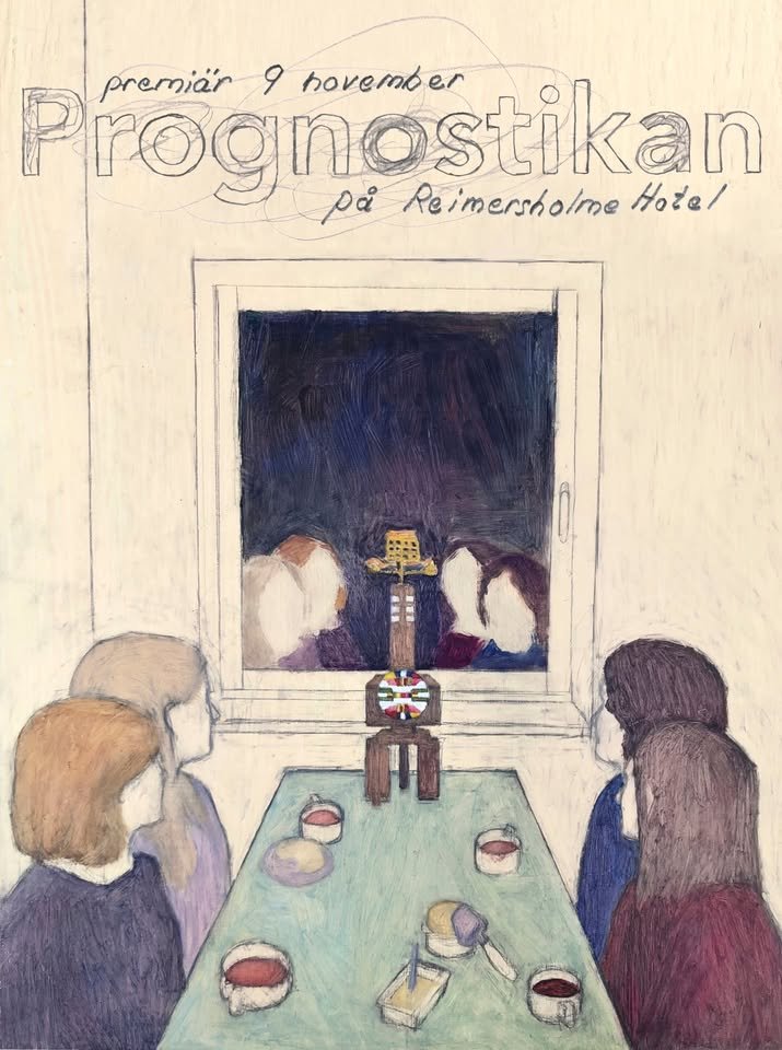 A drawing of four people sitting around a coffee table, staring at a device on the far end of the table. The people's faces are reflected in a window.