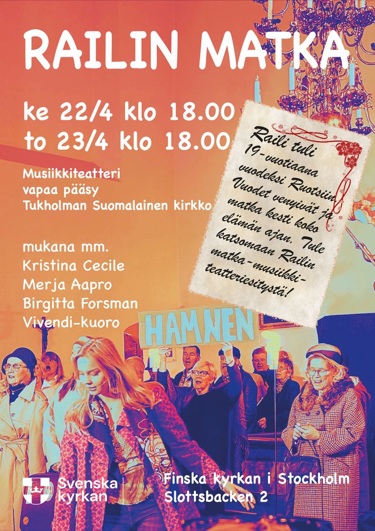 Promotional poster for Railin matka musical theater in Finnish at the Finnish Church in Stockholm