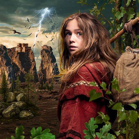 Poster image for Ronja the Robber’s Daughter, featuring a young girl with tousled hair looking back against a dramatic forest and rocky landscape split by lightning.