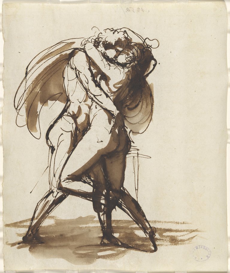 Johan Tobias Sergel, Passionate Lovers. Pen and brown ink, wash in brown, on paper.