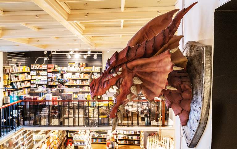 Shopping in Stockholm. A dragon bust hanging on the wall at Science Fiction Bokhandeln.